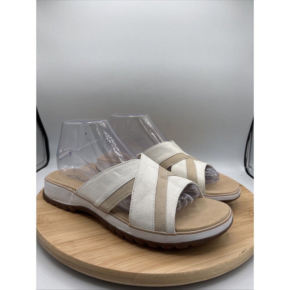 Clarks White Tan Cross Strap Slide Sandals Womens Size 9 Comfort Casual